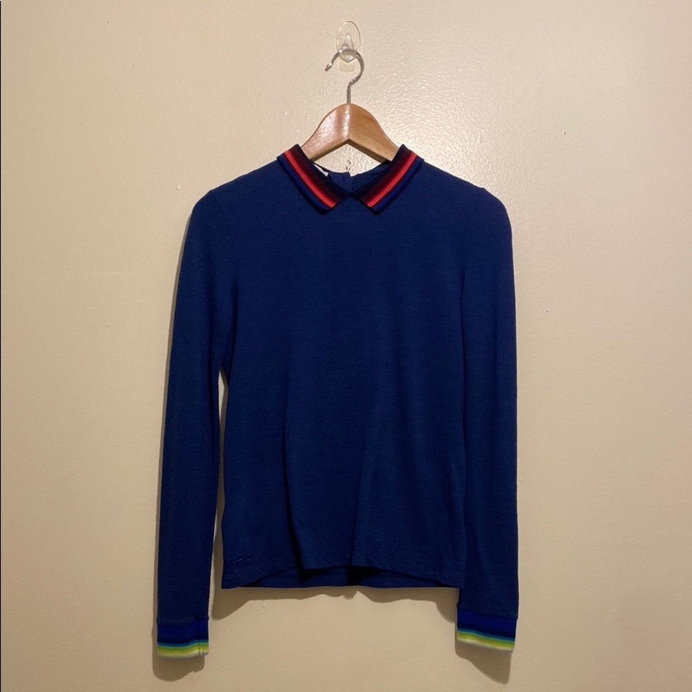 Lacoste Navy Blue Sweater with Multicolor Accents. Size 34